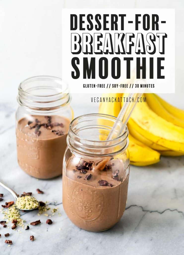 Image of two chocolate drinks with text overlay saying "Dessert for Breakfast Smoothie"