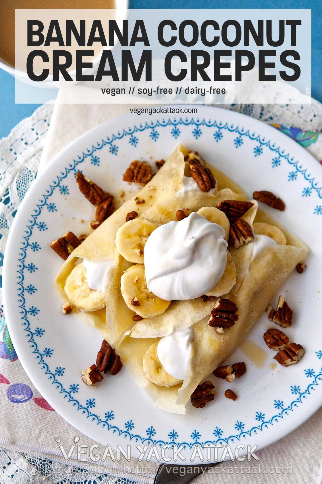 Corelle plate with two crepes filled with coconut whipped cream and banana slices