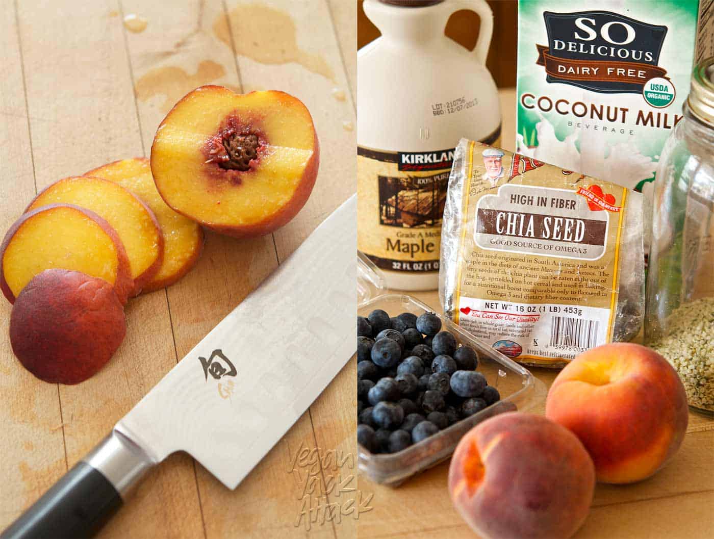 Image collage of sliced peaches and chia pudding ingredients