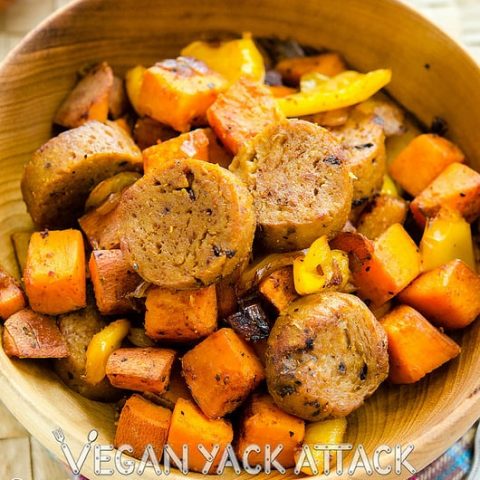 A warm and crispy sweet potato hash combined with subtly hot chipotle seitan sausage makes for a delightful and filling breakfast.