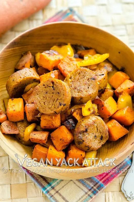 A warm and crispy sweet potato hash combined with subtly hot chipotle seitan sausage makes for a delightful and filling breakfast.
