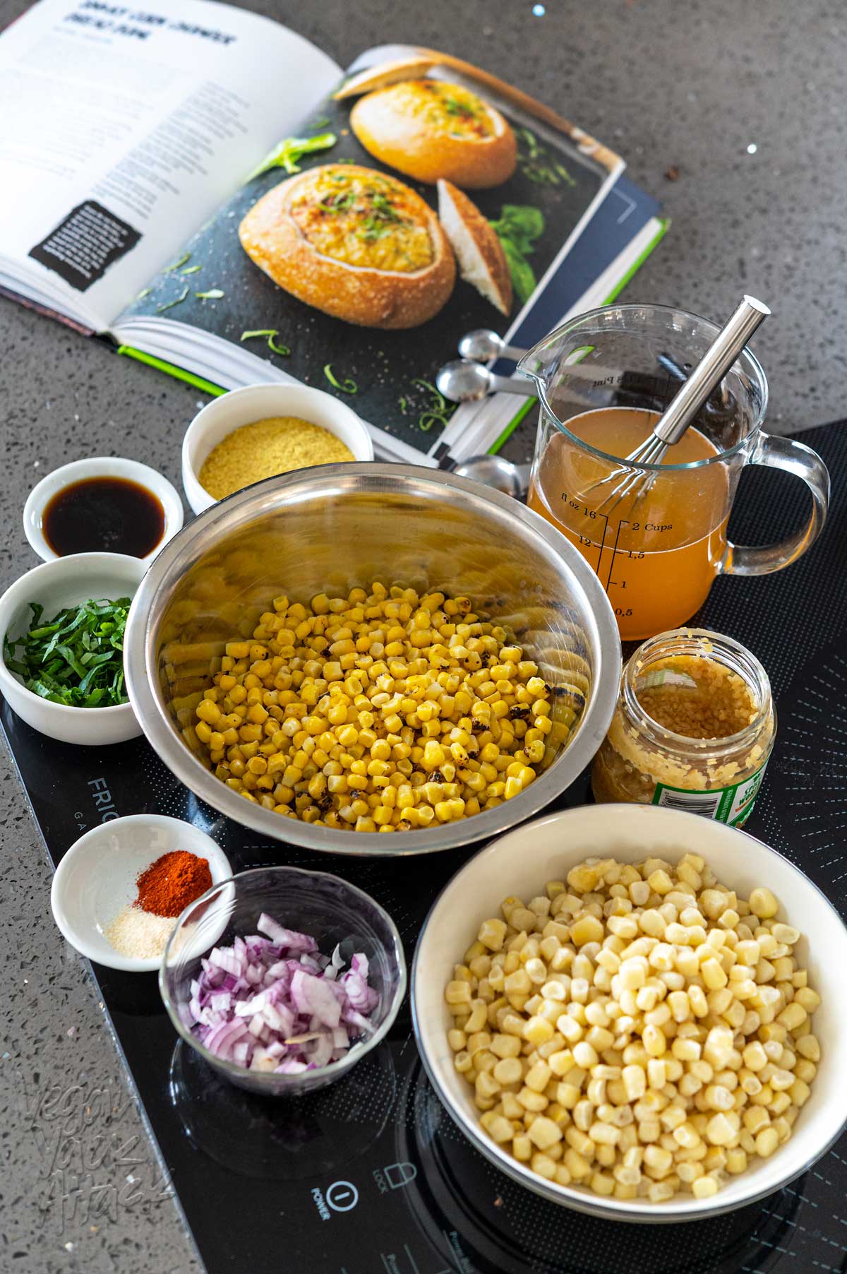 multiple bowls holding ingredient for smoky corn chowder