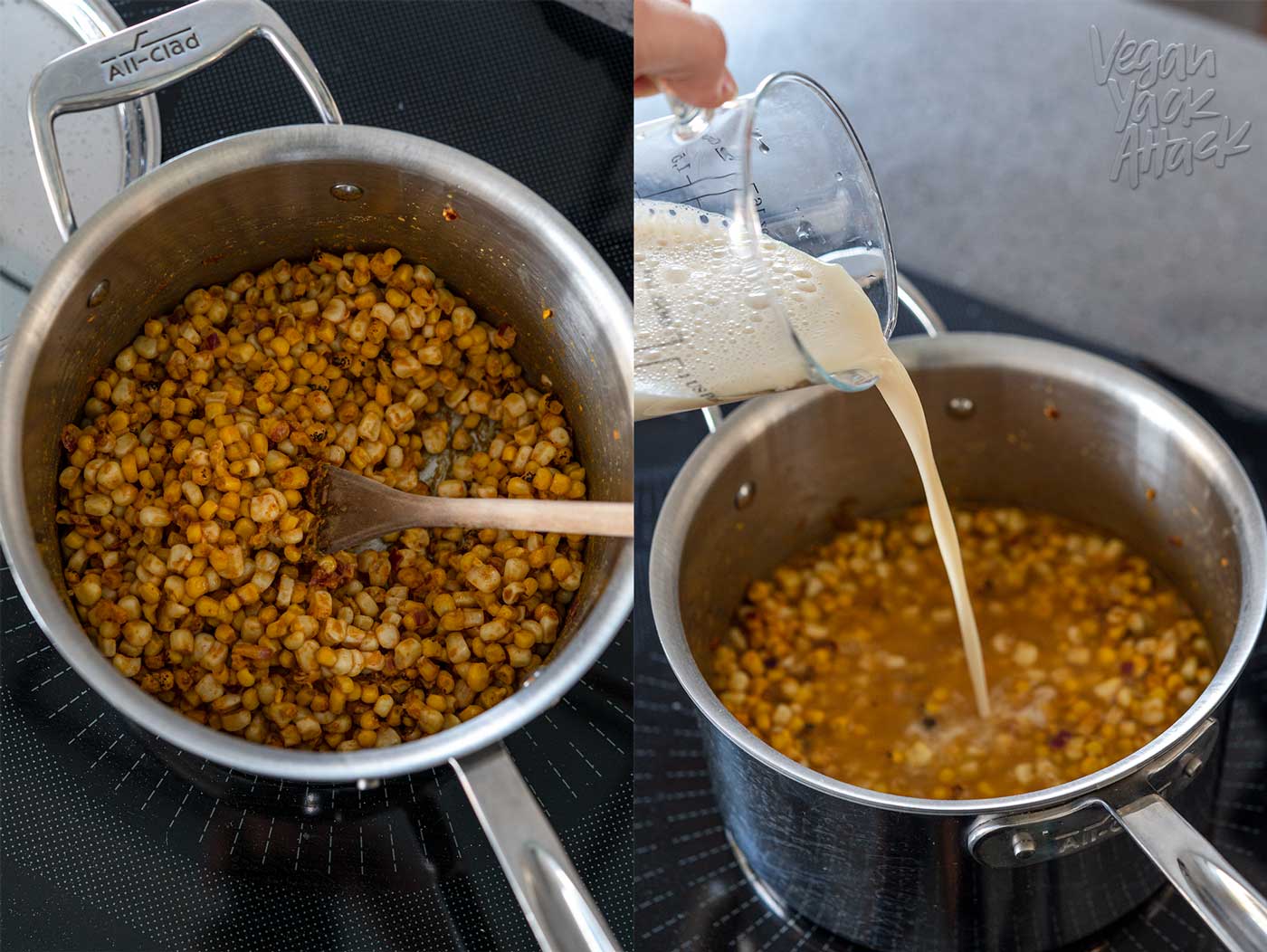 Image collage of sautéing corn and adding in non-dairy milk