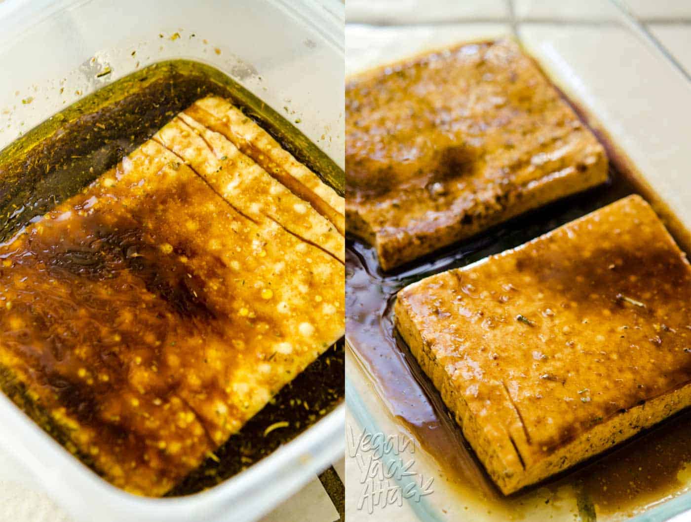 Image collage of tofu slabs marinating in balsamic mixture