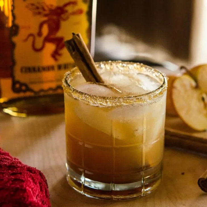 Image of apple juice-based cocktail with cinnamon stick garnish