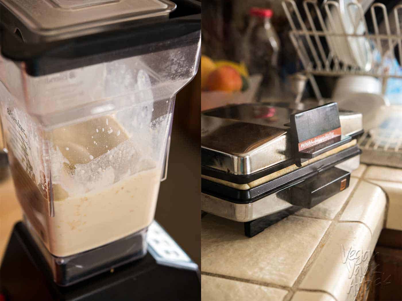 image collage of batter in a blender and waffle maker