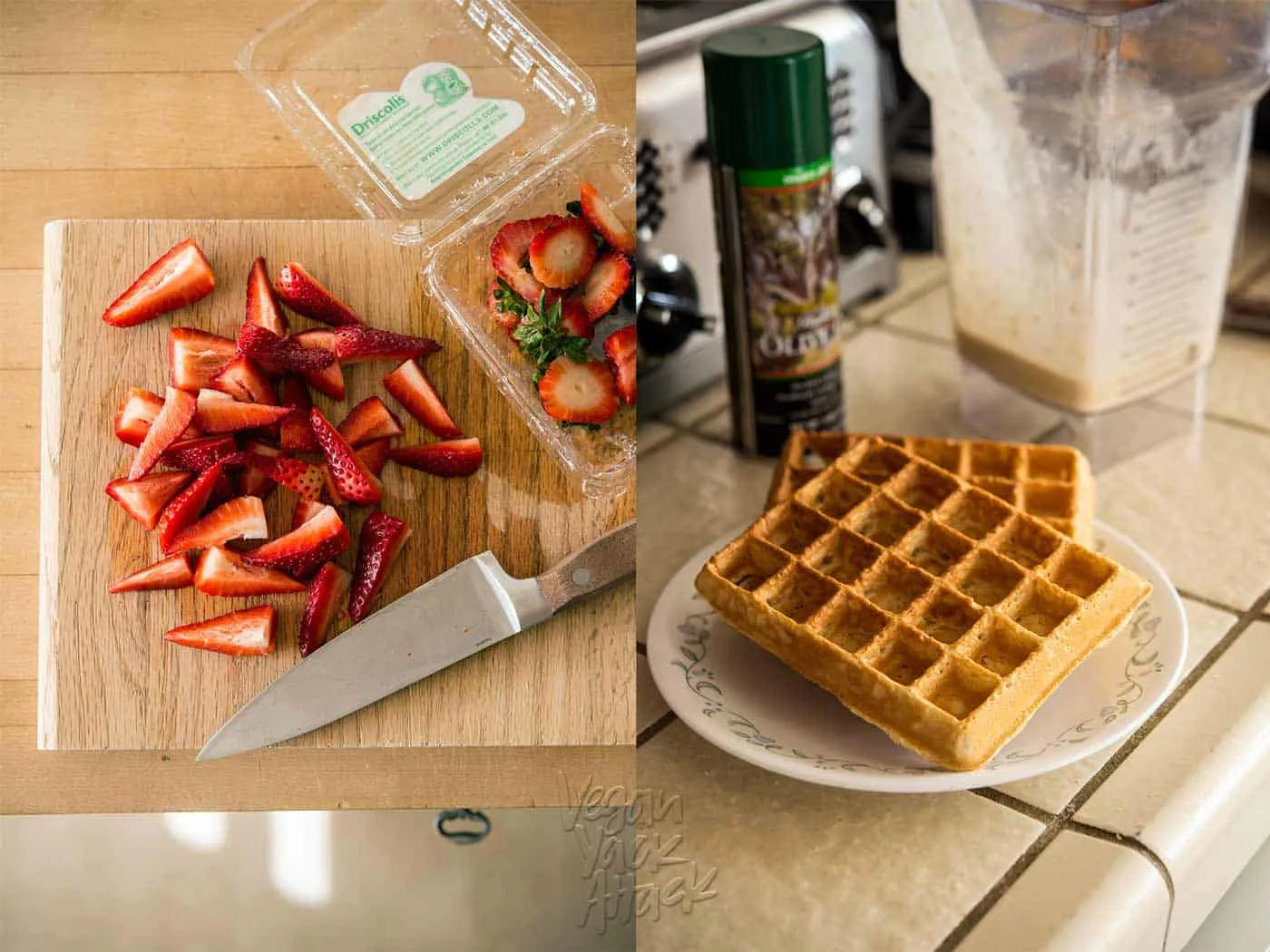 image collage of chopped strawberries and cooked waffles