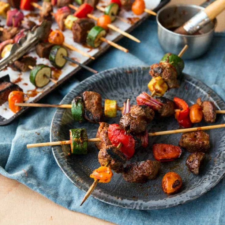 These Grilled BBQ Seitan Skewers with colorful veggies and savory sauce, are perfect for summer cookouts, or just enjoying at home!