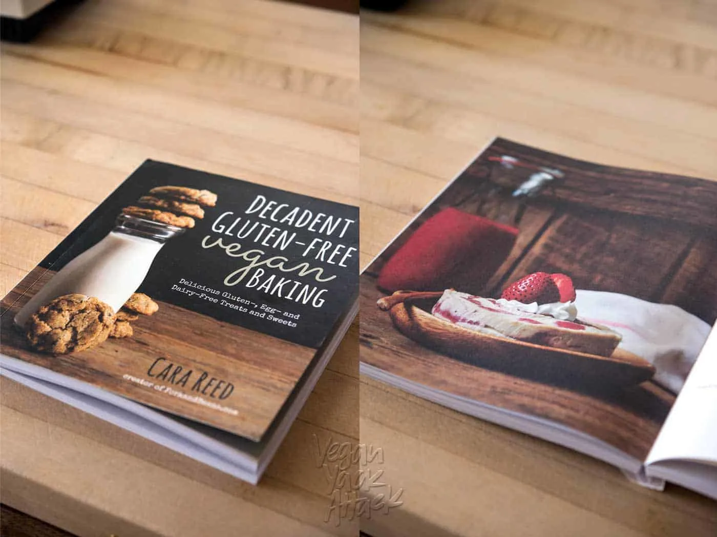 Decadent gluten-free vegan baking cookbook closed and open on counter