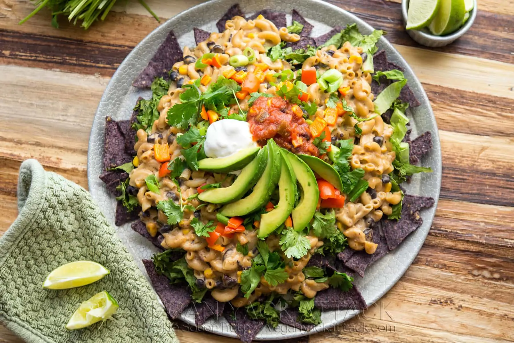 Close up of top-down view on vegan Mac and cheese nachos