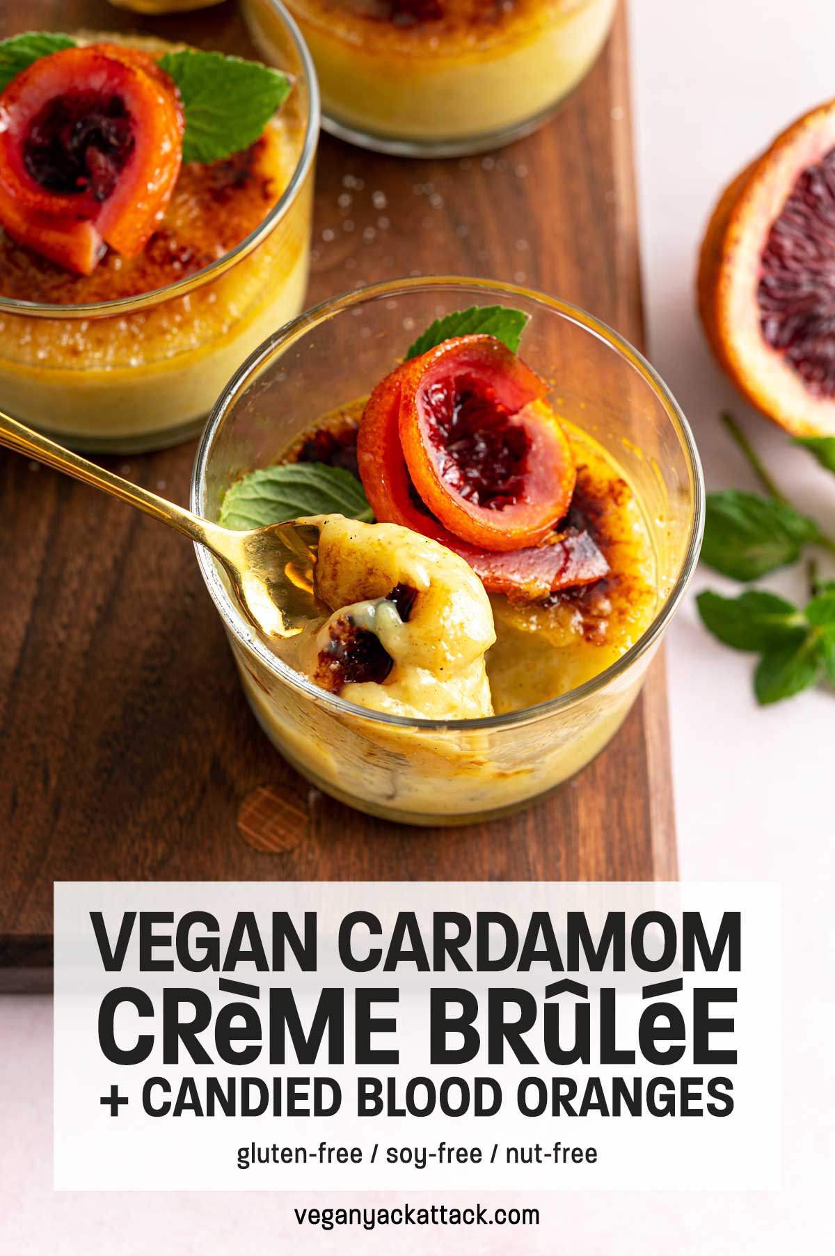 Image of spoon scooping out vegan creme brûlée on a wood board with text overlay 