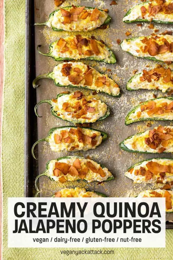 Creamy Quinoa Jalapeno Poppers with Coconut Bacon on a lined baking sheet