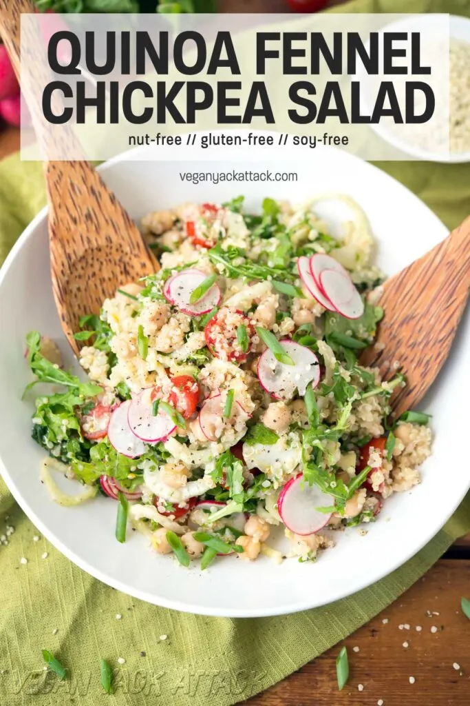 large white bowl of salad with radishes, greens, tomatoes, and quinoa, with text overlay "quinoa fennel chickpea salad"
