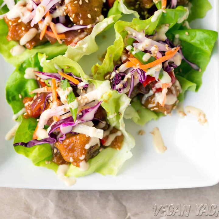 Sweet & Sour Porkless Lettuce Cups make for a quick and delicious appetizer! #vegan