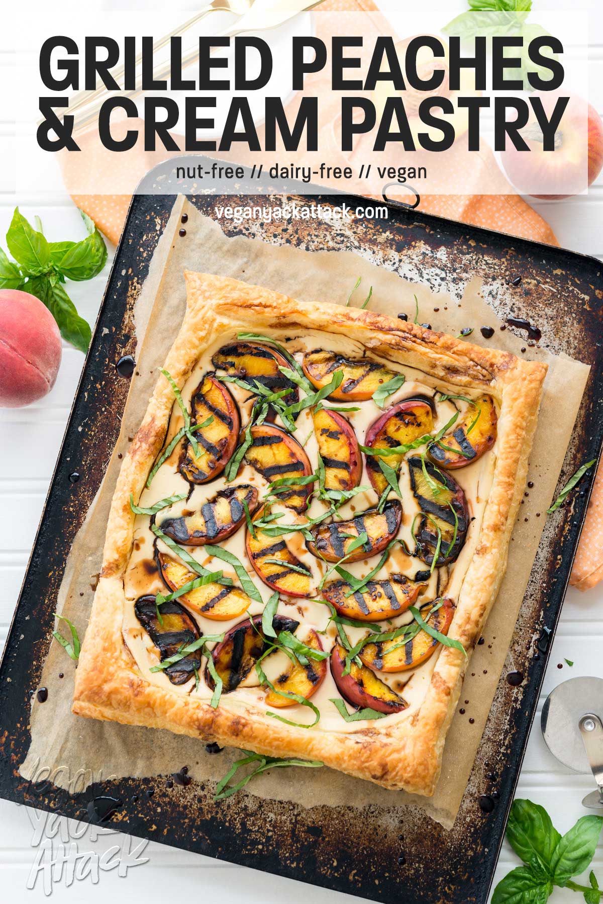 rectangle of puff pastry topped with yogurt filling and grilled peaches