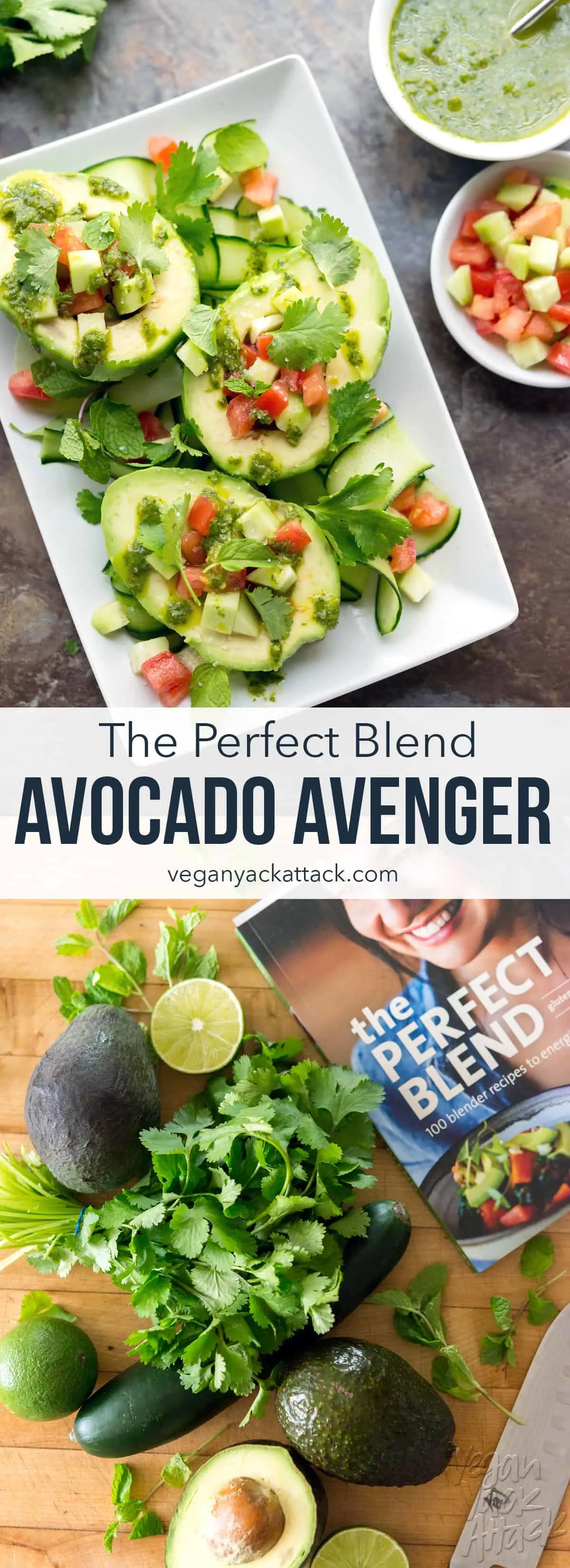 Avocado Avenger from The Perfect Blend Cookbook - An easy chimichurri sauce covering delicious, filled avocados! #ThePerfectBlend #vegan #vegetarian 