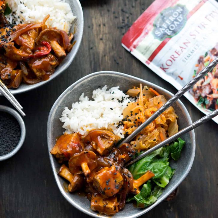 This Korean Tempeh Shiitake Bowl is easy, filling and made with delicious Saffron Road Korean Stir-fry sauce. Enjoyed with rice, kimchi and greens! #SaffronRoadFood #vegan