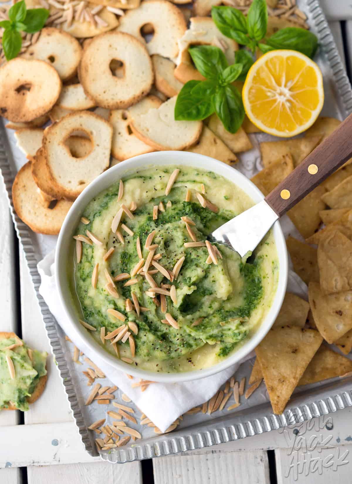 This Creamy Cauliflower Pesto Dip is oil-free, dairy-free, vegan and delicious! It makes for a great, healthy appetizer for parties, or just to snack on.