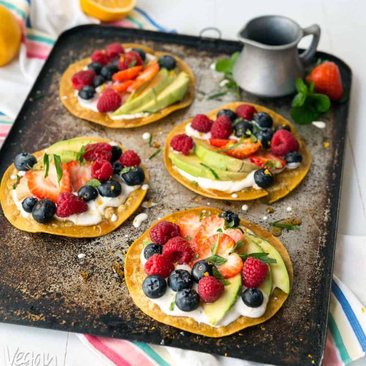 Sweet Breakfast Tostadas - A simple, delicious, breakfast snack made up of fresh fruit, sweet cream and crunchy tortillas! Vegan, Gluten-free, Soy-free