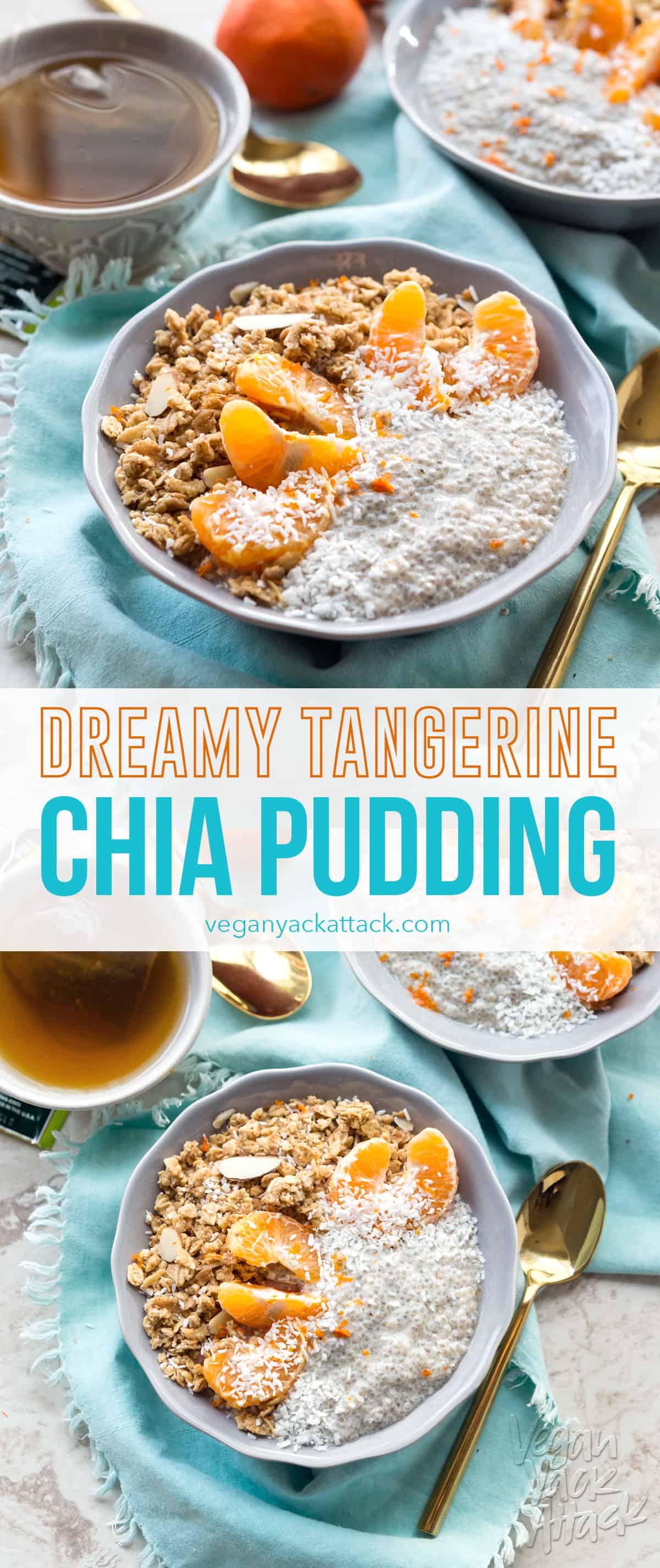 dreamy tangerine chia pudding with granola in a lilac-colored bowl with teal linen