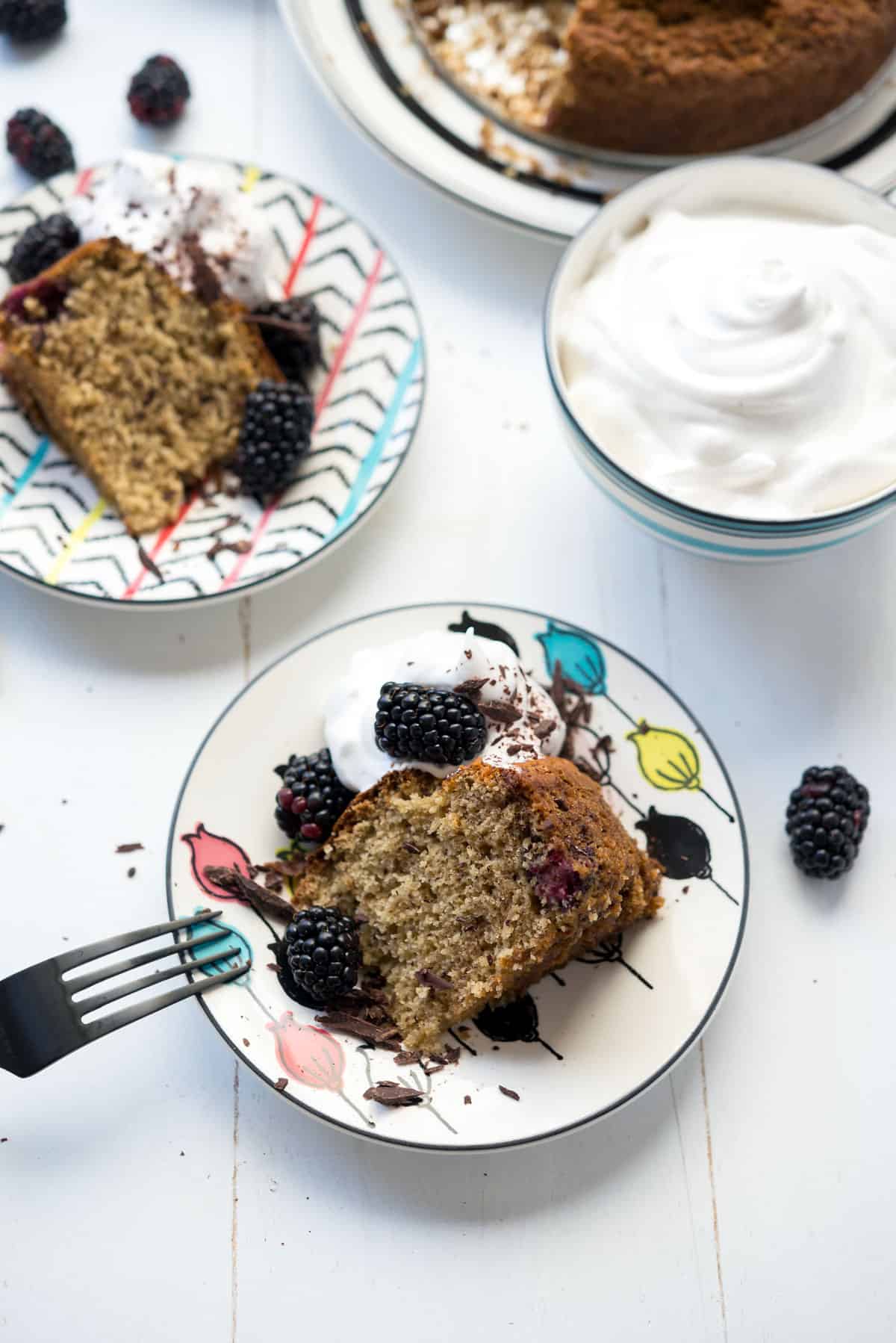Gluten-free Blackberry Banana Cake with Vegan Whip - Delicious, light, and perfect for Spring! Especially with these cute plates from Lenox