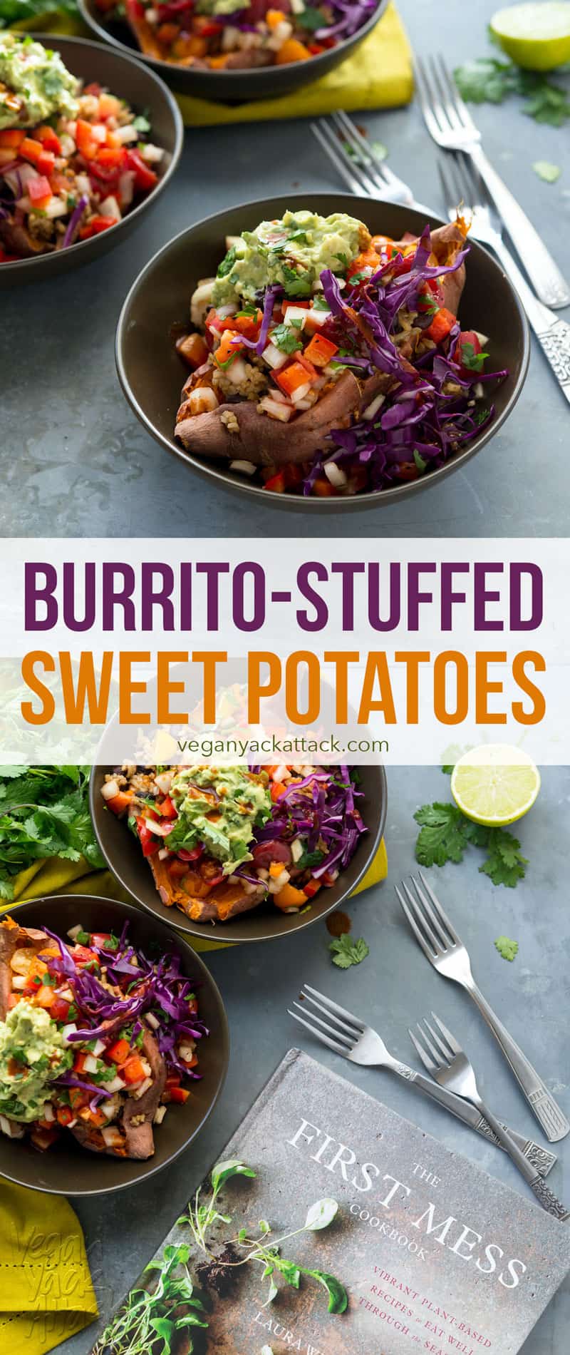 Burrito-Stuffed Sweet Potatoes - Black beans with rice, Rustic salsa and a simple guacamole stuffed inside roasted sweet potatoes! From The First Mess Cookbook #glutenfree #soyfree #giveaway