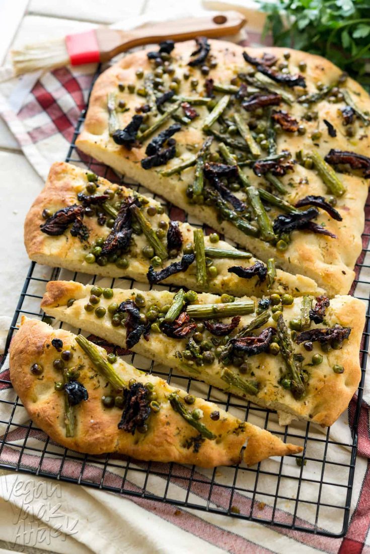 Spring Asparagus Herbed Focaccia with umami-rich sundried tomatoes, and a garlic herb-infused oil? Yes, please! Vegan, Soy-free, Nut-free