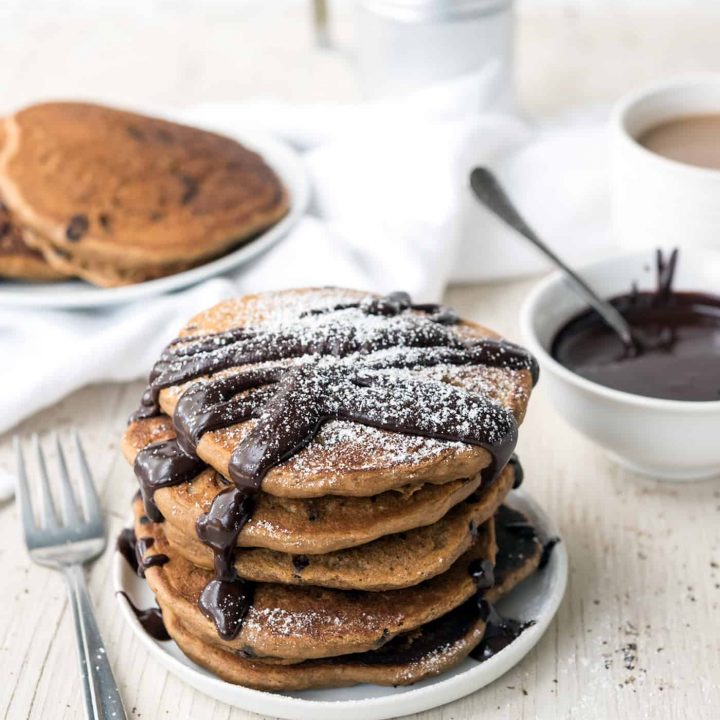 Fluffy Mocha Pancakes with Easy Chocolate Sauce
