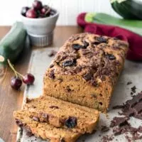 Cherry Chocolate Zucchini Bread! A fantastic way to use some of that summer squash, and make a whole wheat breakfast loaf. Sweetened with coconut sugar! #vegan #soyfree #nutfree #veganyackattack