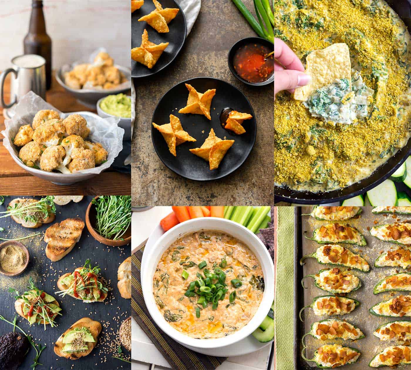 Image collage of several vegan appetizers including crostini, dip, baked cauliflower, and jalapeño poppers