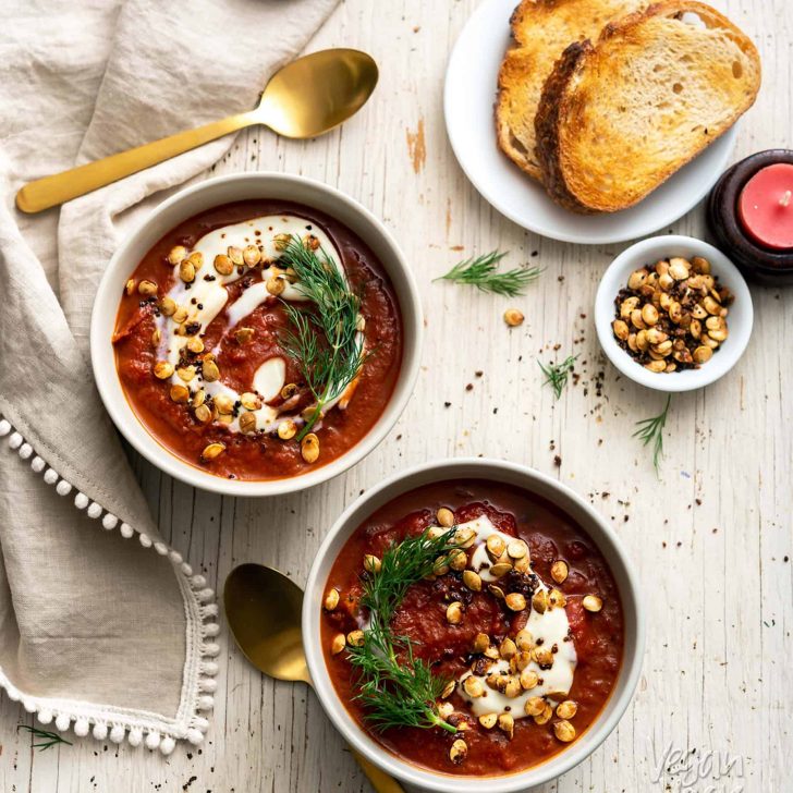 Light, delicious, and nutrient-dense, this Roasted Red Cabbage Soup is filled with flavor! Top with a dollop of dairy-free yogurt, fresh dill, and a few roasted squash seeds. #vegan #glutenfree #nutfree #soyfree