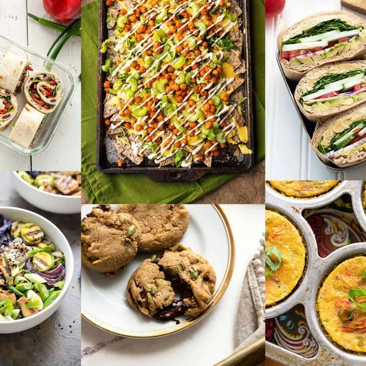 Image collage of several easy vegan recipes, like nachos, cookies, sandwiches and soup