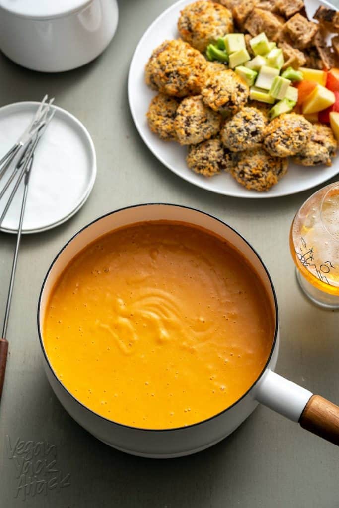Need a shareable, fun, party meal? Make my Smoky Vegan Fondue with Breaded Mushroom Dippers! Not only is this cheezy goodness plant based, it’s also nut-free and soy-free. #vegan #plantbased #dansk #veganyackattack