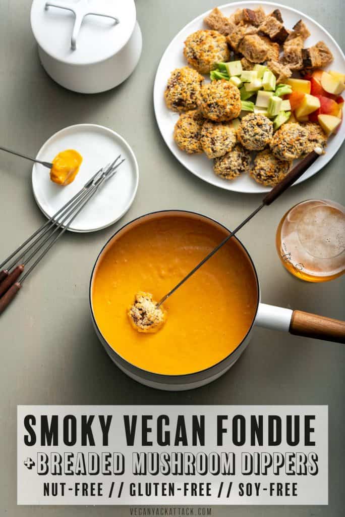 Need a shareable, fun, party meal? Make my Smoky Vegan Fondue with Breaded Mushroom Dippers! Not only is this cheezy goodness plant based, it’s also nut-free and soy-free.