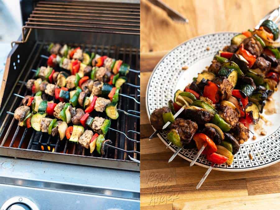 Grilled veggie tempeh skewers on a grill and a plate