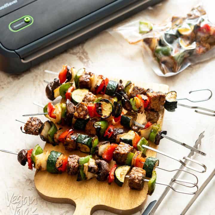 Marinated Tempeh Veggie Kabobs- perfect for summer cook outs, and made easier with FoodSaver! #vegan #nutfree #veganyackattack #foodsaver