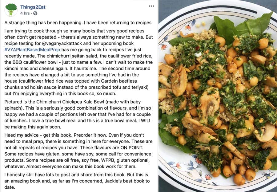 Testimonial from Things2eat, a recipe tester of Vegan Yack Attack's Plant-Based Meal Prep! 