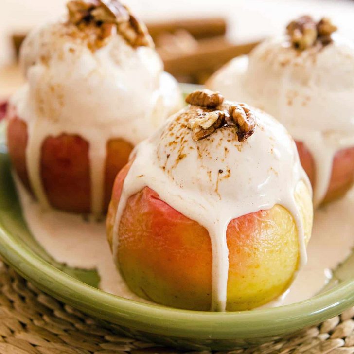 This recipe for Baked Apple Cinnamon Sundaes is downright delicious and full of autumnal flavors. It involves roasted apples (mostly) whole and whipping up homemade vegan ice cream! Plus, there's a no-churn option for those with no ice cream maker. #Vegan #dairyfree #glutenfree #fallrecipes #soyfree