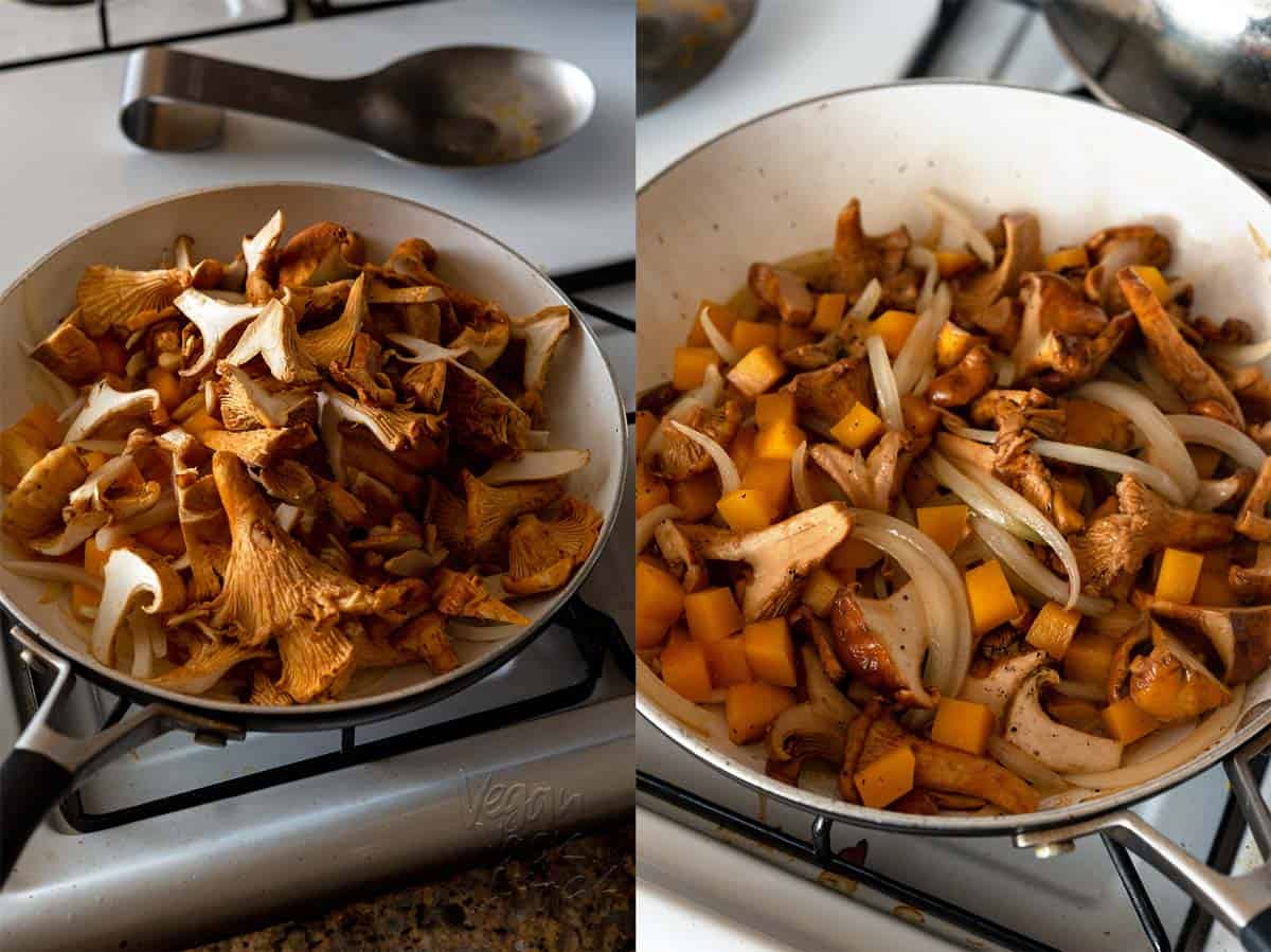 Sauteing chanterelle mushrooms with onion and butternut squash