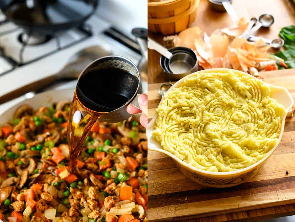 Left image: Pouring a stout beer out of a measuring cup and into a pan of shepherd's pie filling. Right image: shepherd's pie assembled in a large pyrex dish, with textured potato topping, before baking, on top of a cutting board.