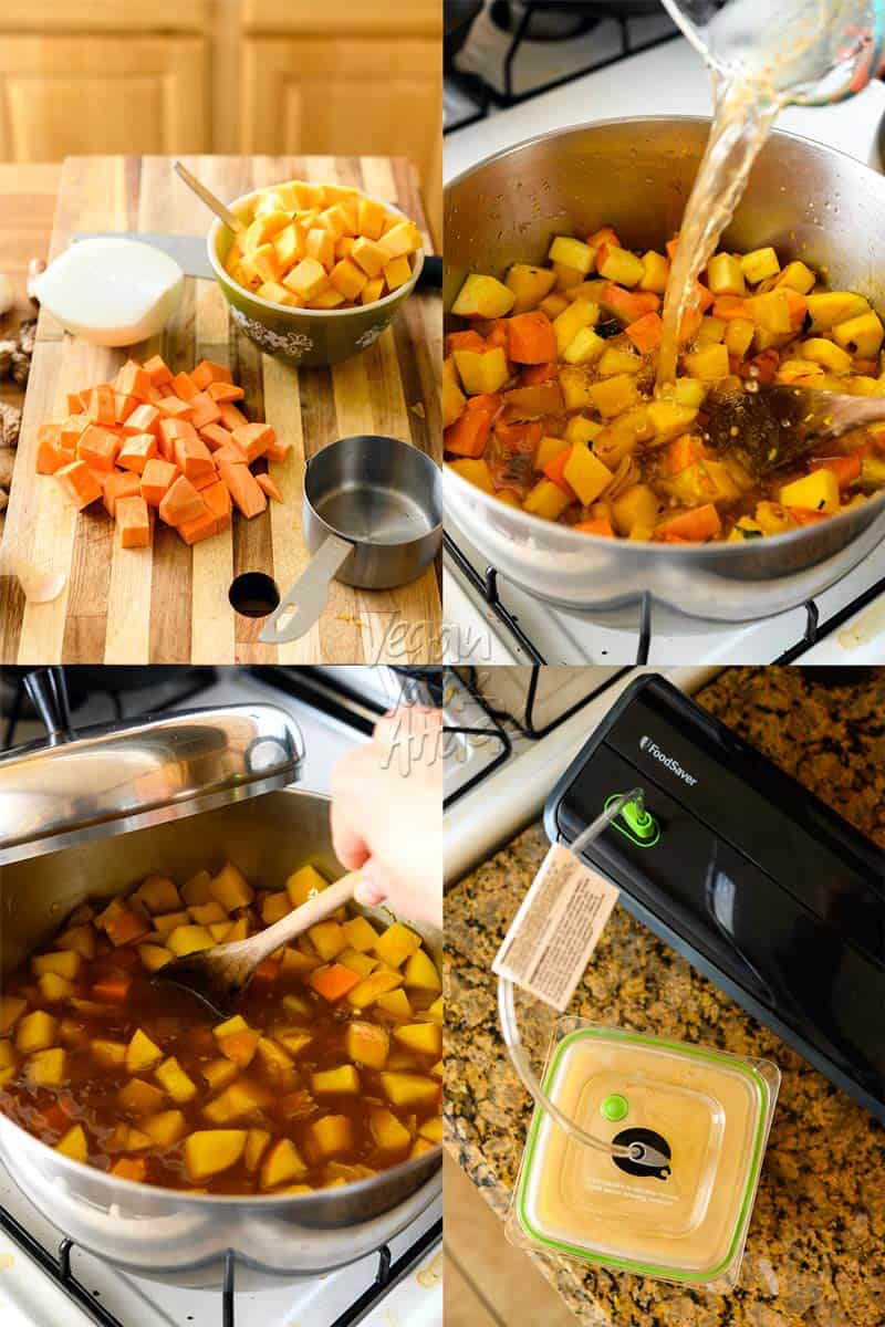 4 images of ginger squash soup prep with pot, simmering, blending, and storing