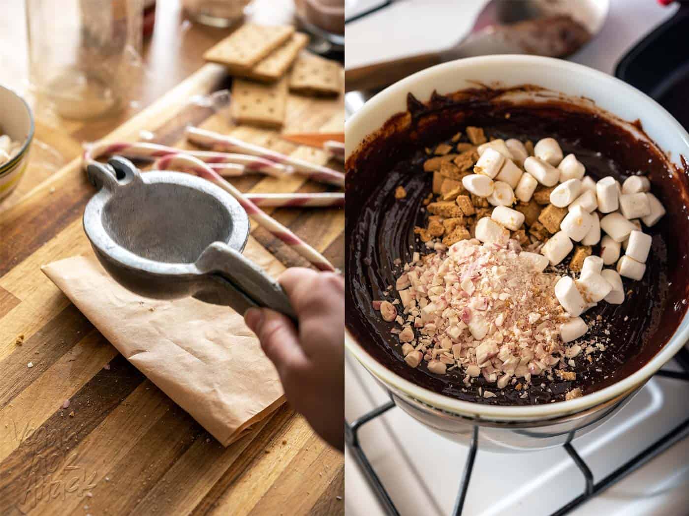 Left image: hitting a paper bag filled with candy cane to crush the pieces. Right image: Mix-ins being added to fudge base