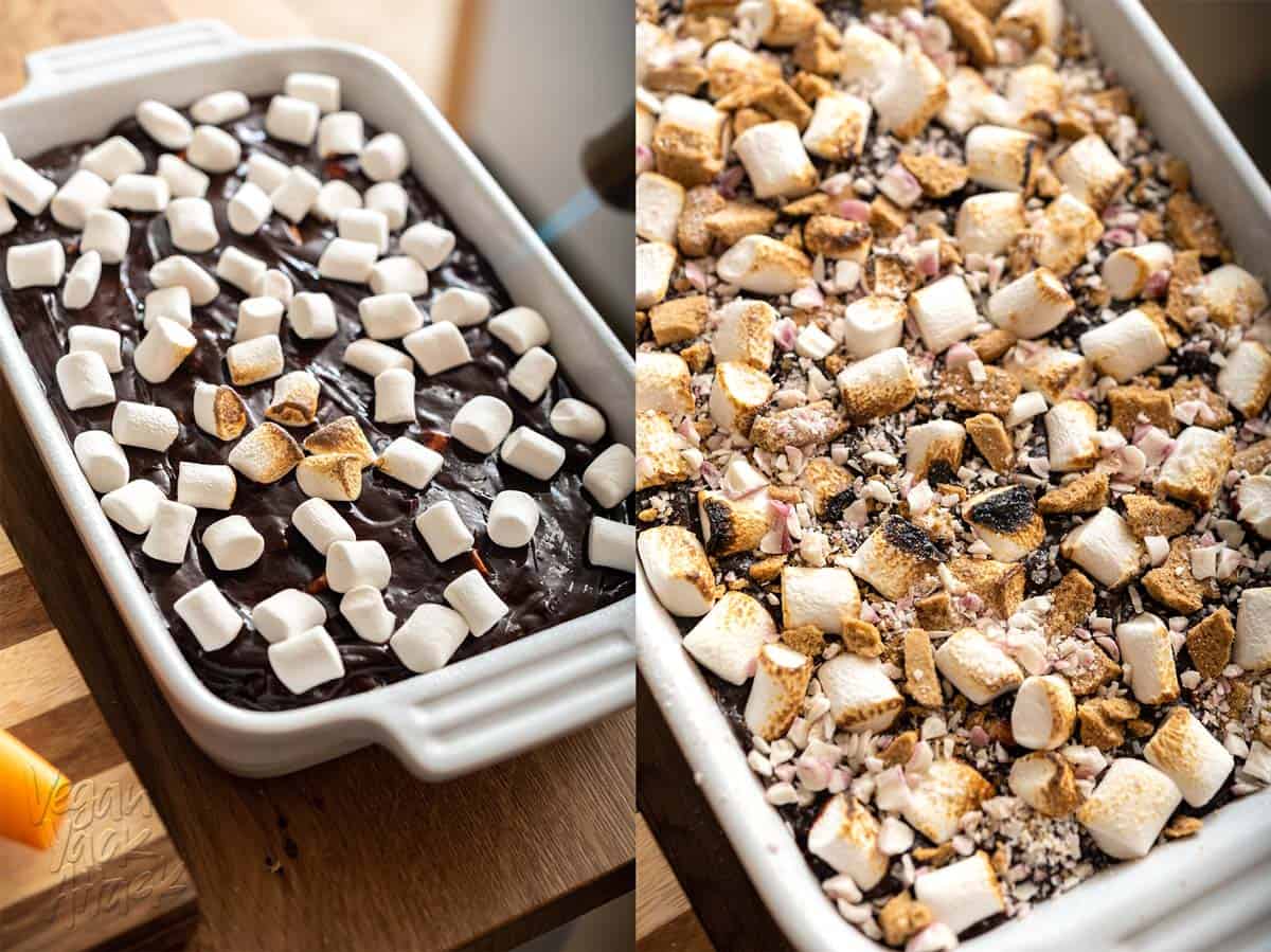 Left image: marshmallows on top of fudge being toasted with a torch. Right image: completed fudge