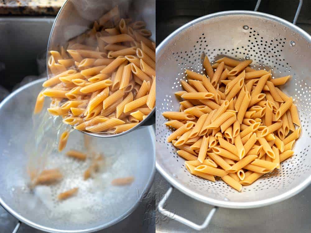 Left image: pasta and water being poured from pot into a colander. Right image: drained pasta in colander.