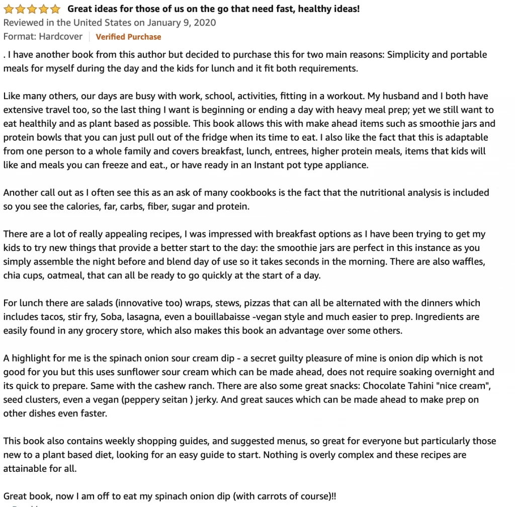 Screen shot of a 5-star Amazon review of Vegan Yack Attack's Plant-based Meal Prep