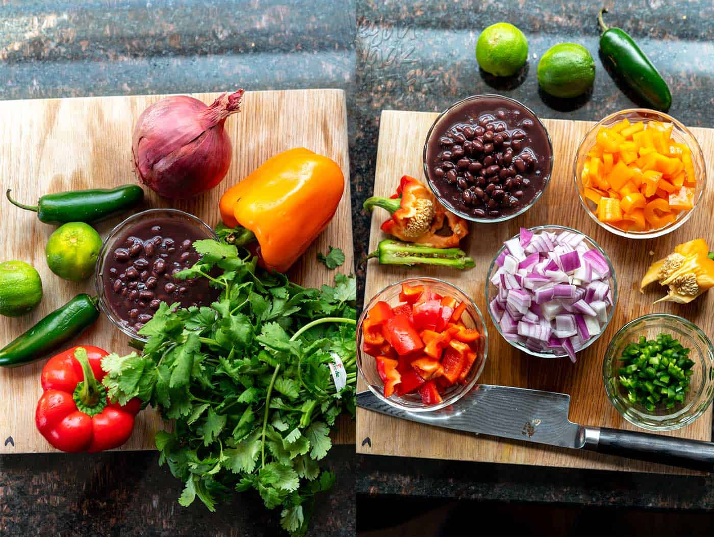 Images of prepped fresh ingredients for soup, red onion, cilantro, bell pepper, black beans, and lime