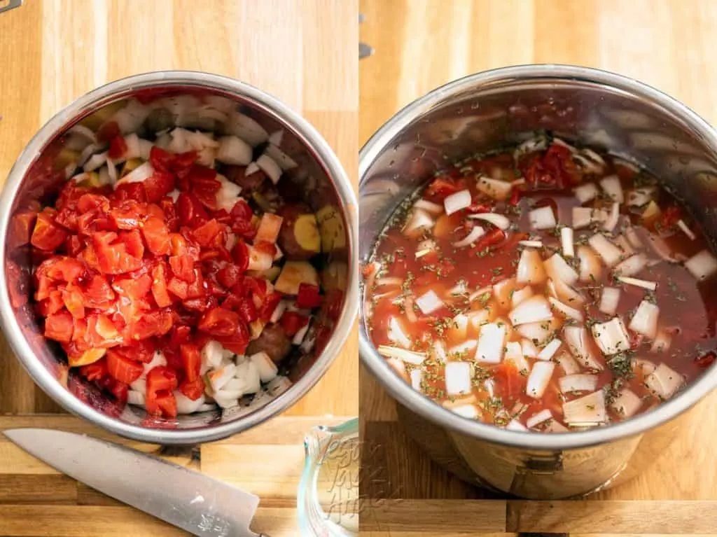 Two photos, side by side, of stew ingredients inside an Instant Pot insert