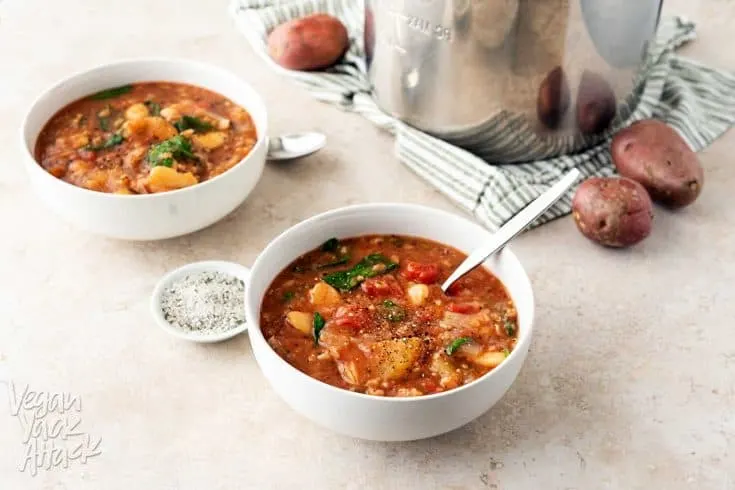 A picture of two bowls of slow cooker lima bean tomato stew, next to an Instant Pot insert, on a light table top