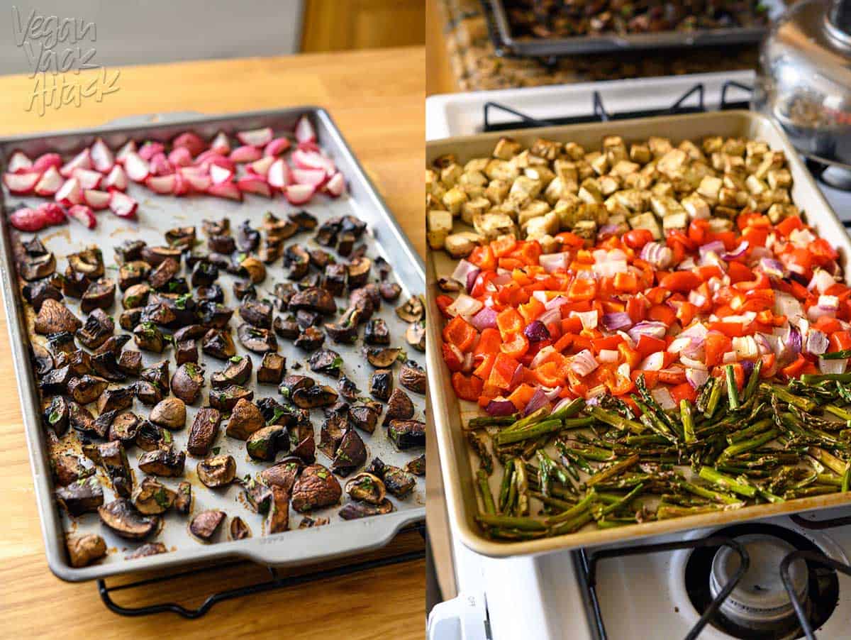 Two sheet pans with roasted mushrooms and different vegetables spread across them