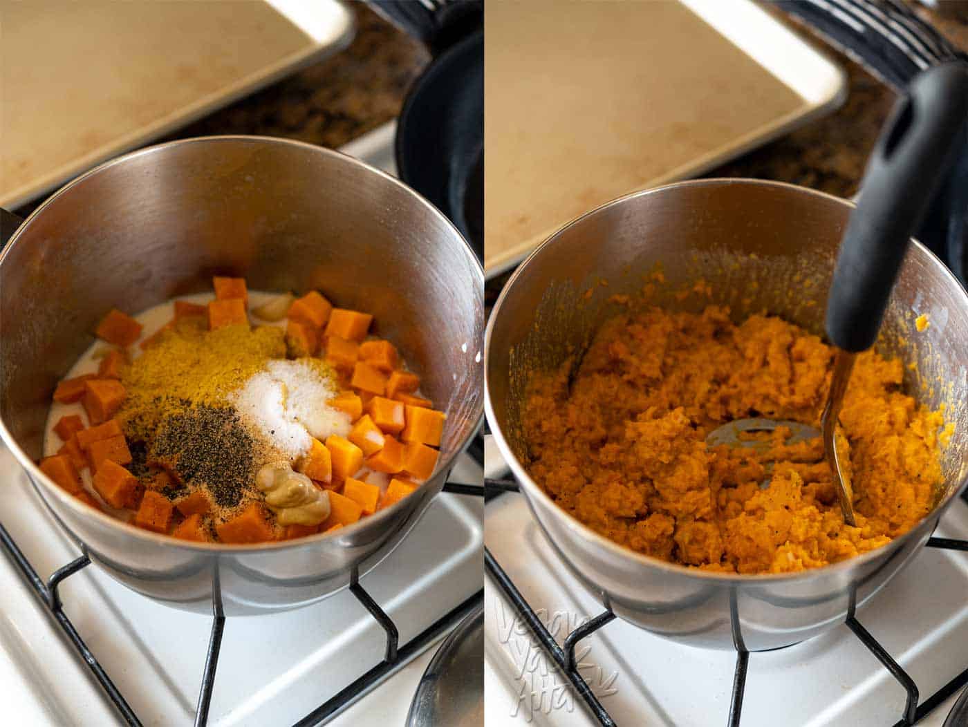 Images of sweet potato filling being made in a pot